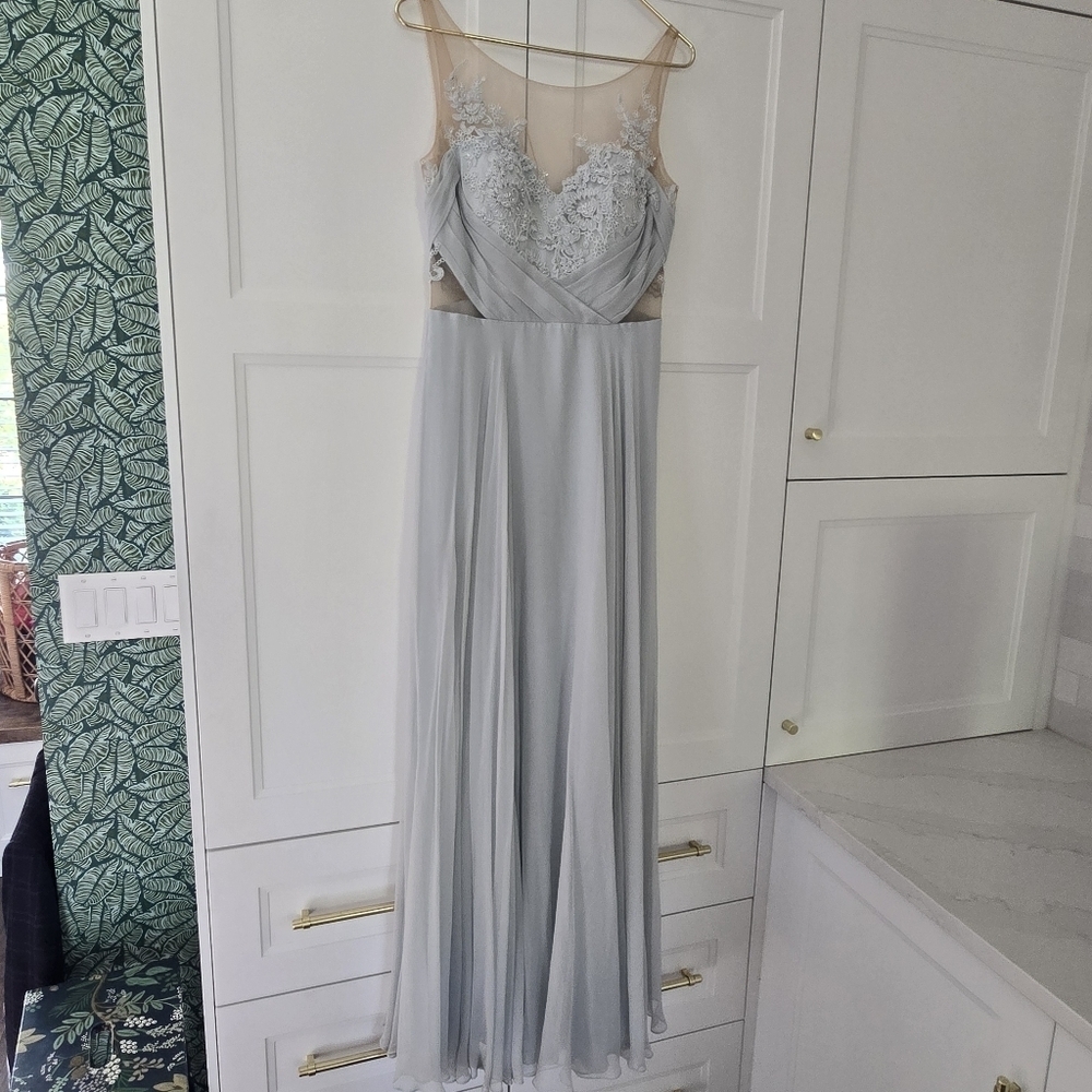 Marchesa Notte Silk Blue Embellished Embroidered Mesh Sheer Panel Detail Gown - Picture 2 of 15